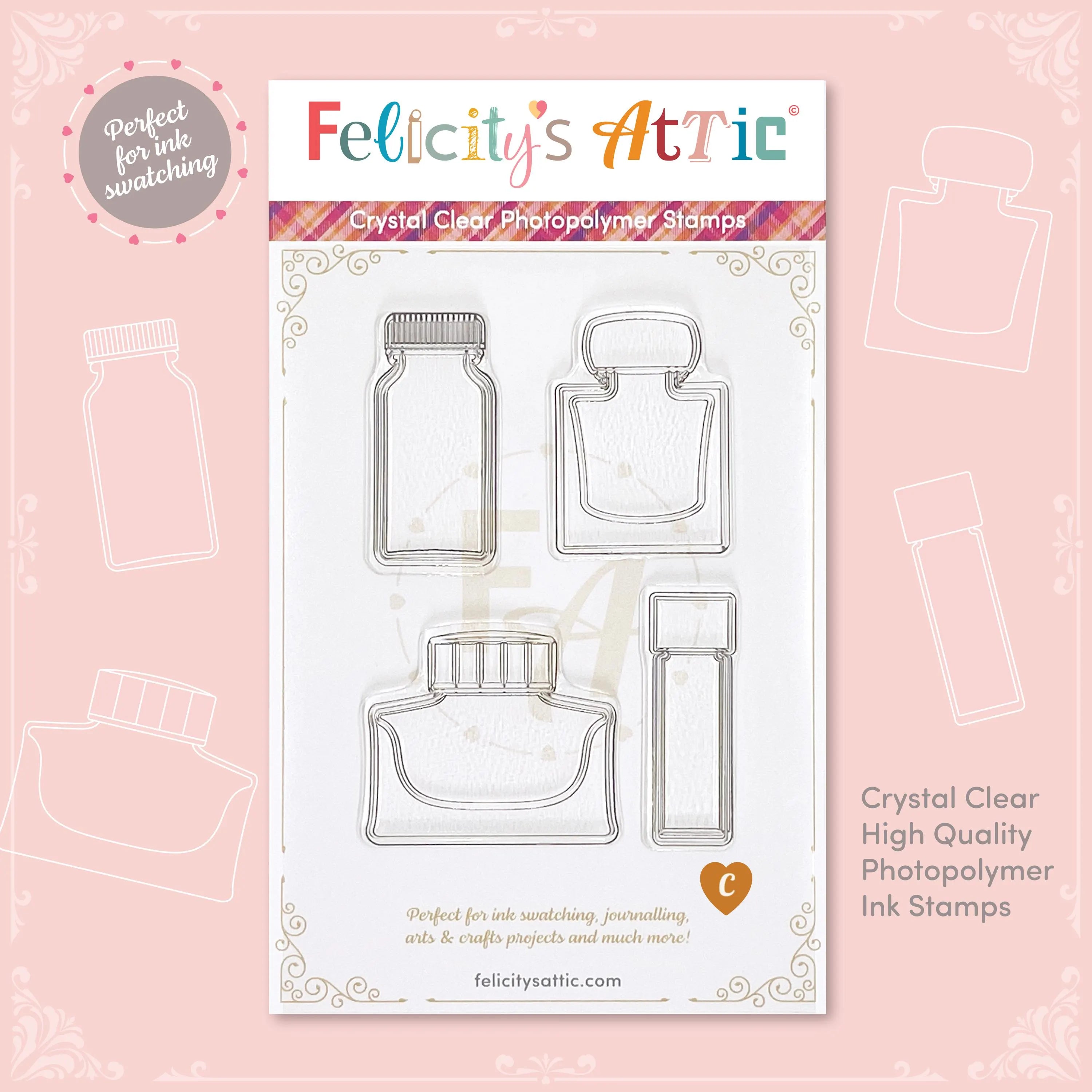 Clear Ink Bottle Stamps for fountain pen ink swatching and journaling - Stamp Set C