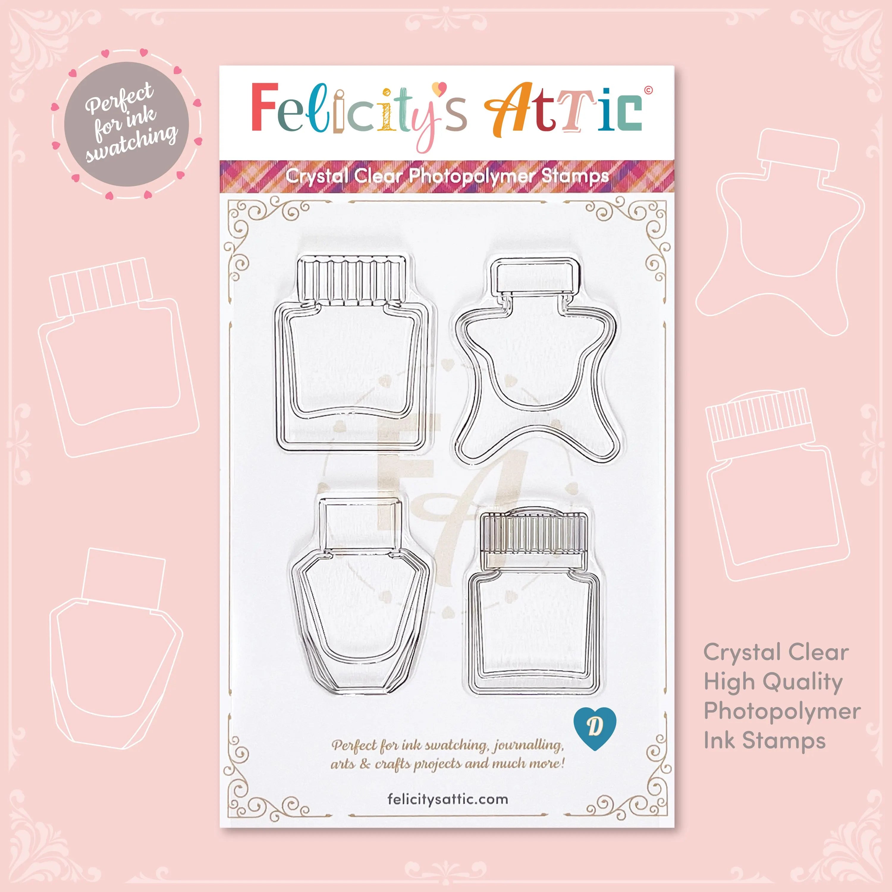 Clear Ink Bottle Stamps for fountain pen ink swatching and journaling - Stamp Set D