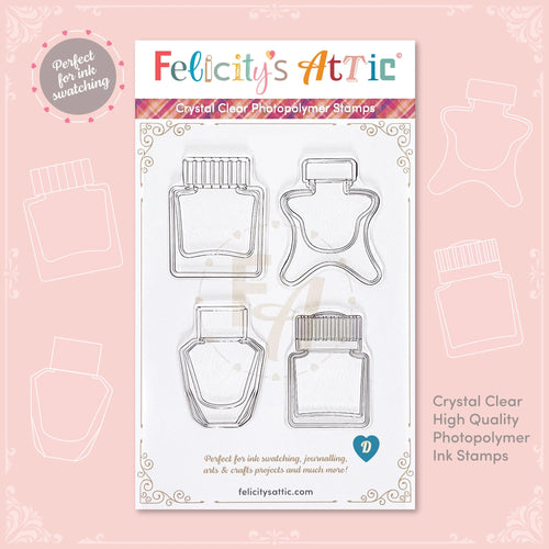 Clear Ink Bottle Stamps for fountain pen ink swatching and journaling - Stamp Set D