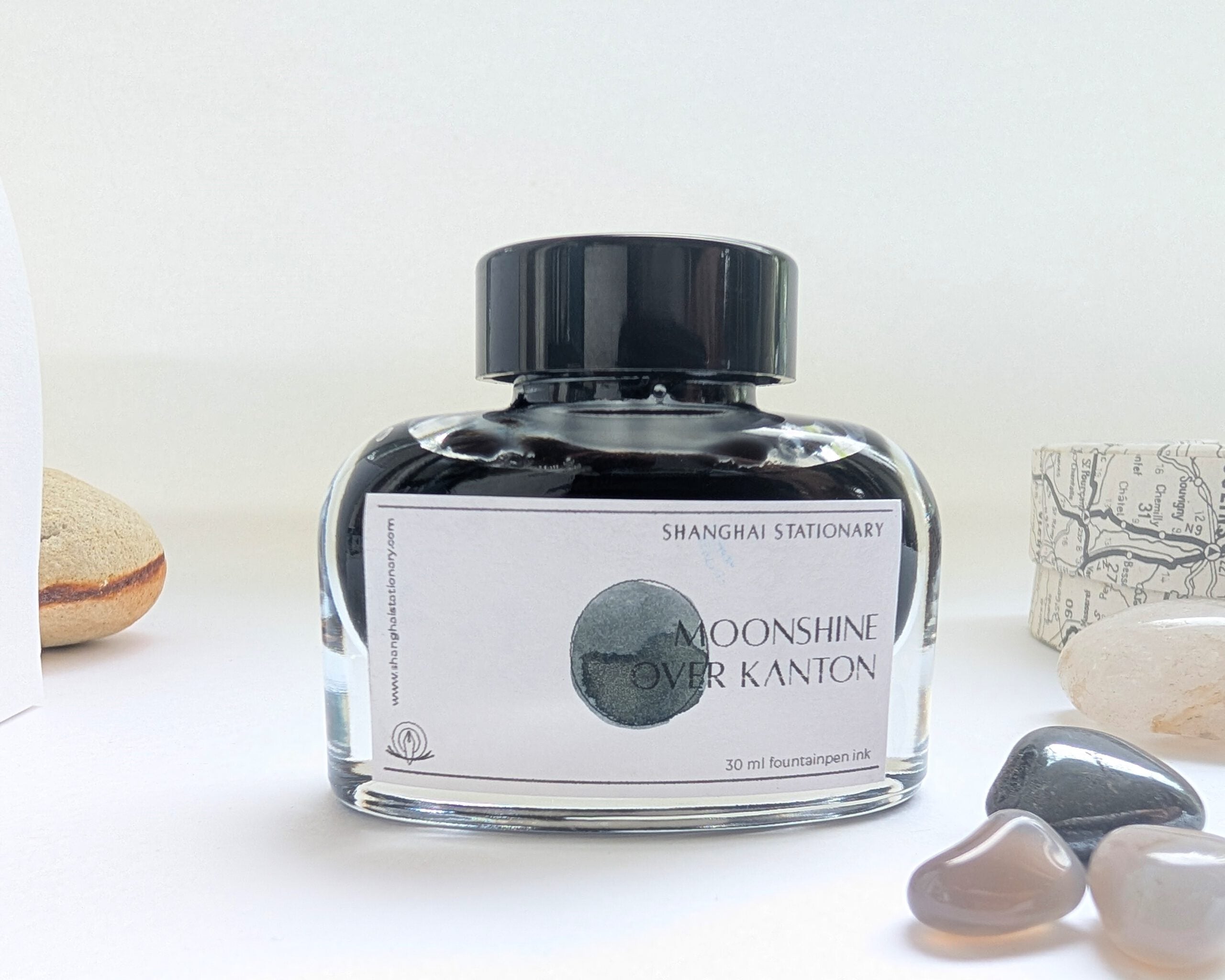 Moonshine Over Kanton is a Dark Blue Gray Shimmering Bottled Fountain Pen Ink by Shanghai Stationary Netherlands