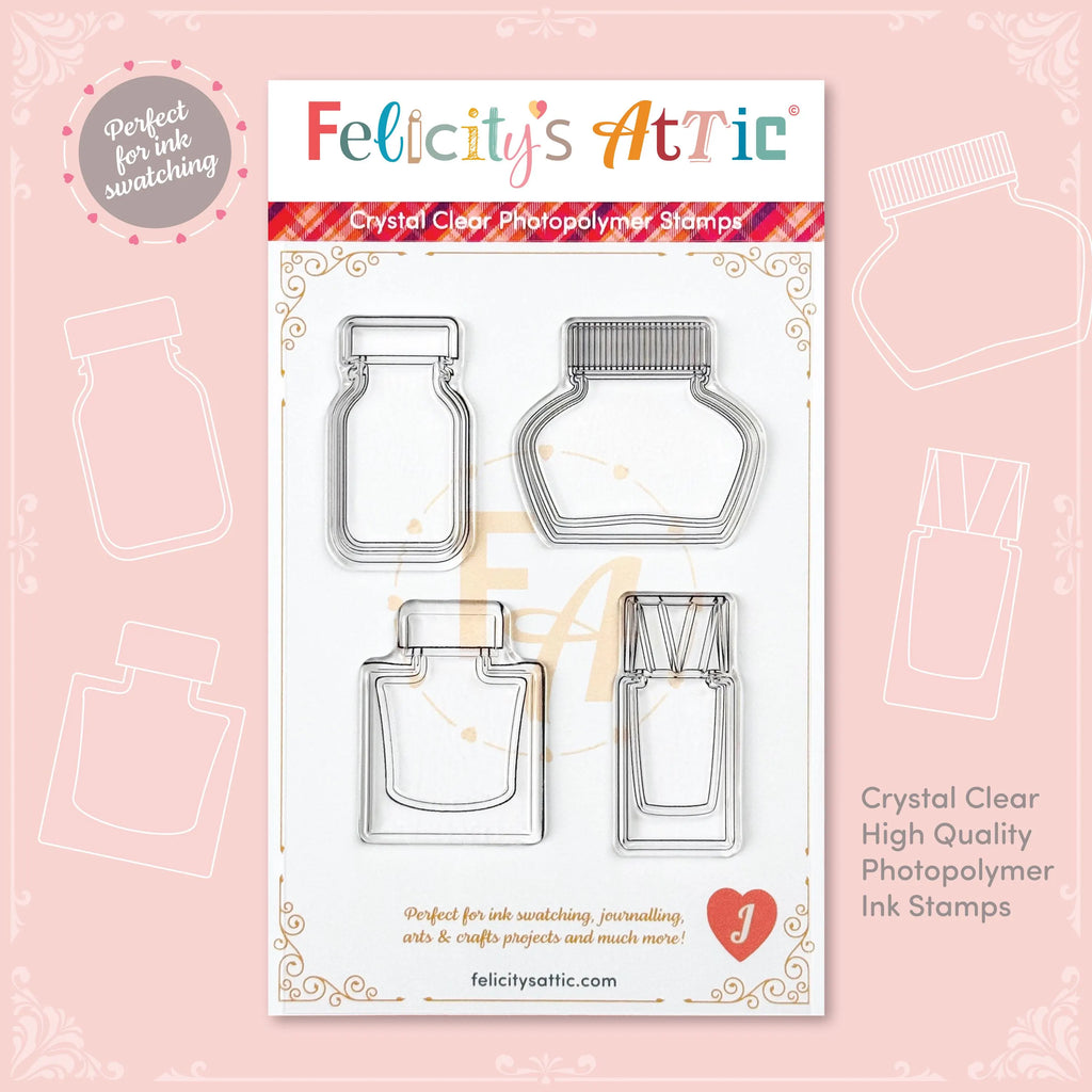 Clear Ink Bottle Stamps for fountain pen ink swatching and journaling - Stamp Set J