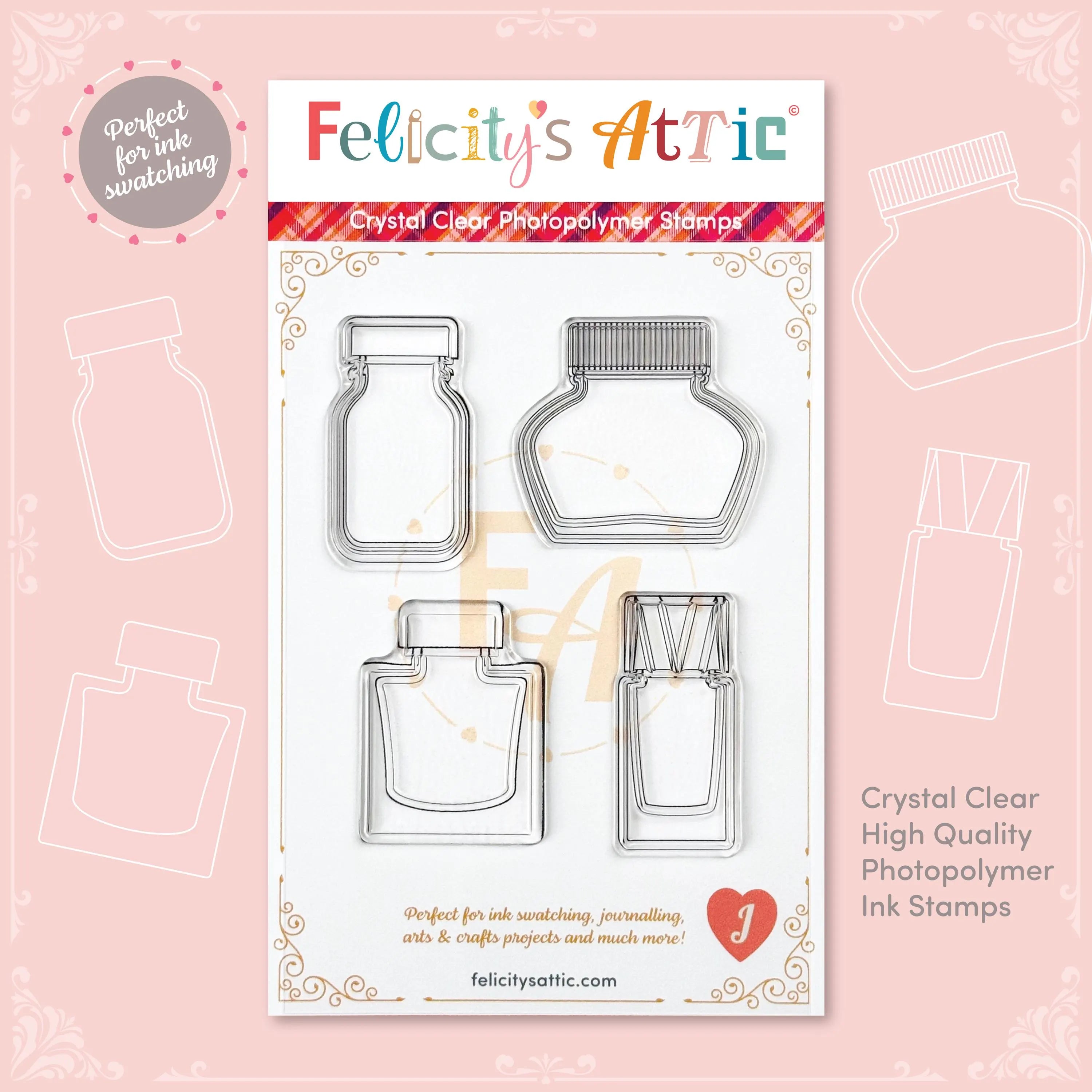 Clear Ink Bottle Stamps for fountain pen ink swatching and journaling - Stamp Set J