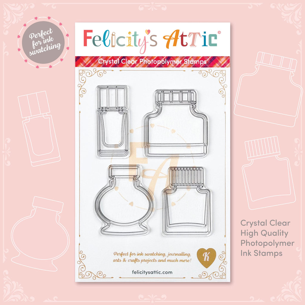 Clear Ink Bottle Stamps for fountain pen ink swatching and journaling - Stamp Set K